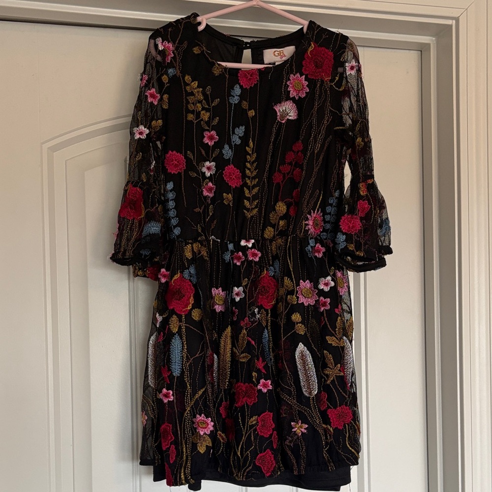 GB Girls Black Dress with Floral Embroidery